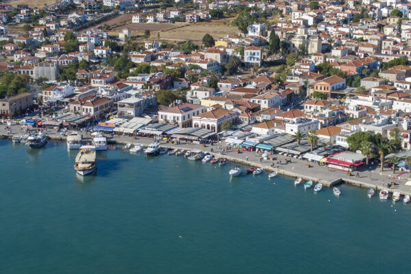 Aerial drone view of Cunda Island harbor. Balikesir - Turkey