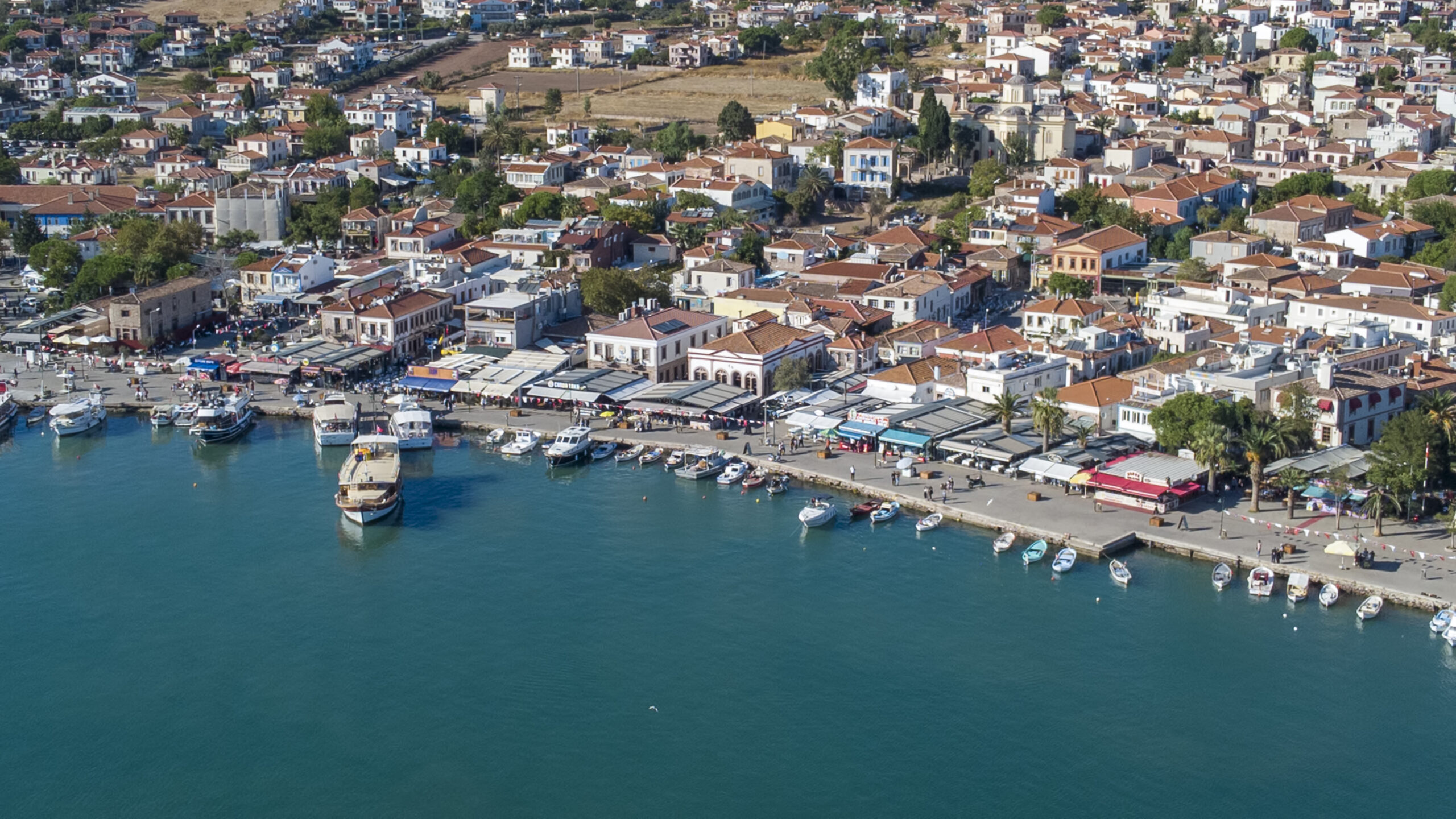 Aerial drone view of Cunda Island harbor. Balikesir - Turkey