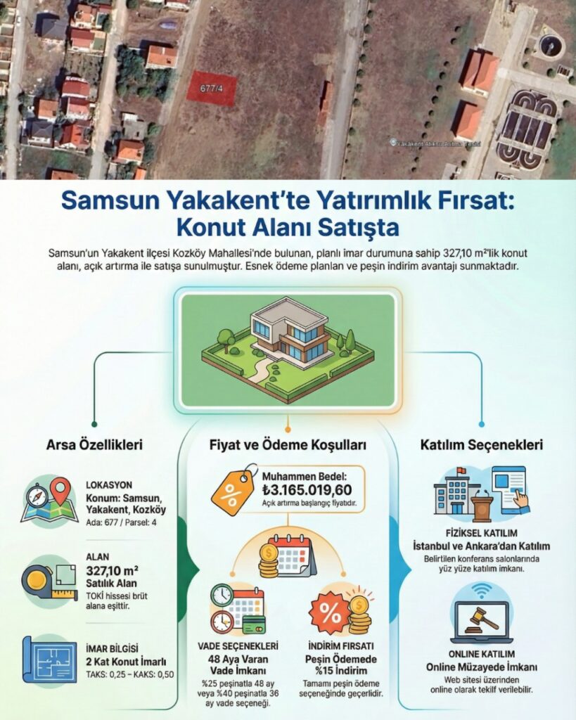 Samsun Yakakent Kozköy’de 327,10 m² Konut Alanı Satışta